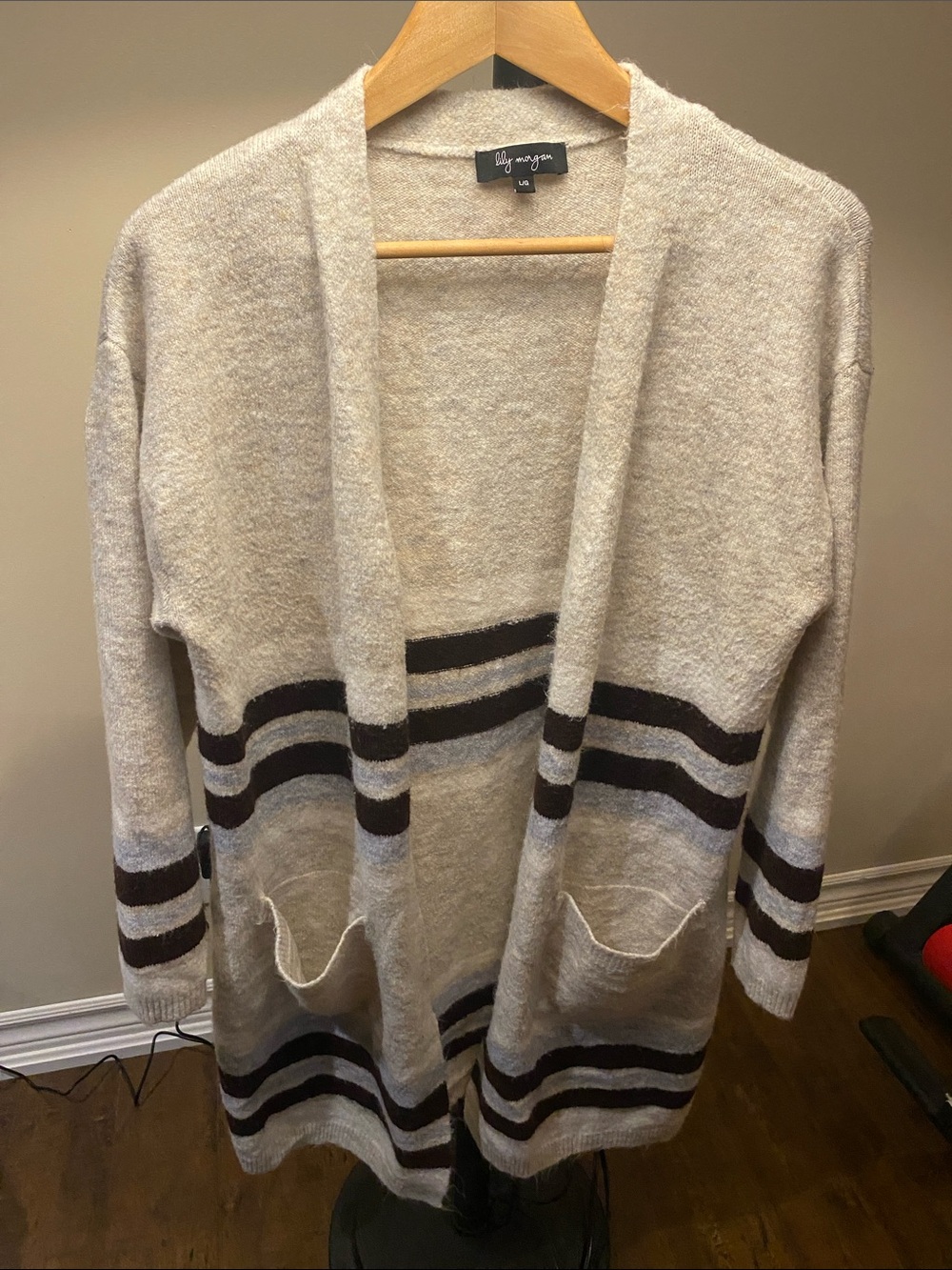 Cozy Open-Front Stripe Pocket Cardigan - Women - Beige with Brown Stripes